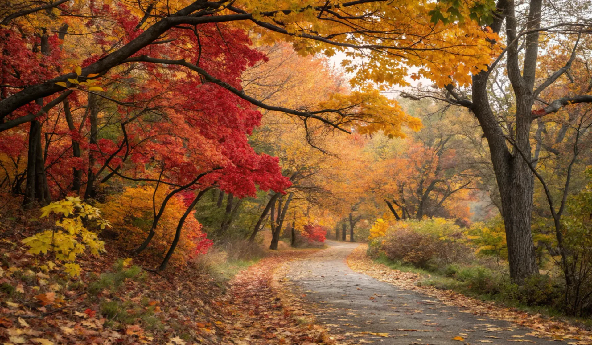 Woodland trail surrounded by vibrant autumn leaves