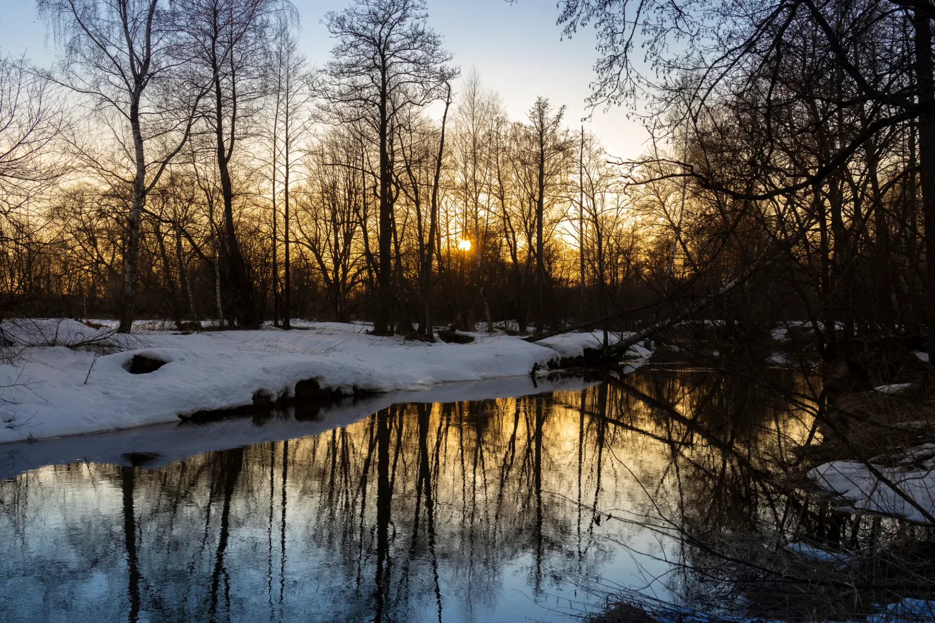 Winter creek reflecting the sunset through bare trees