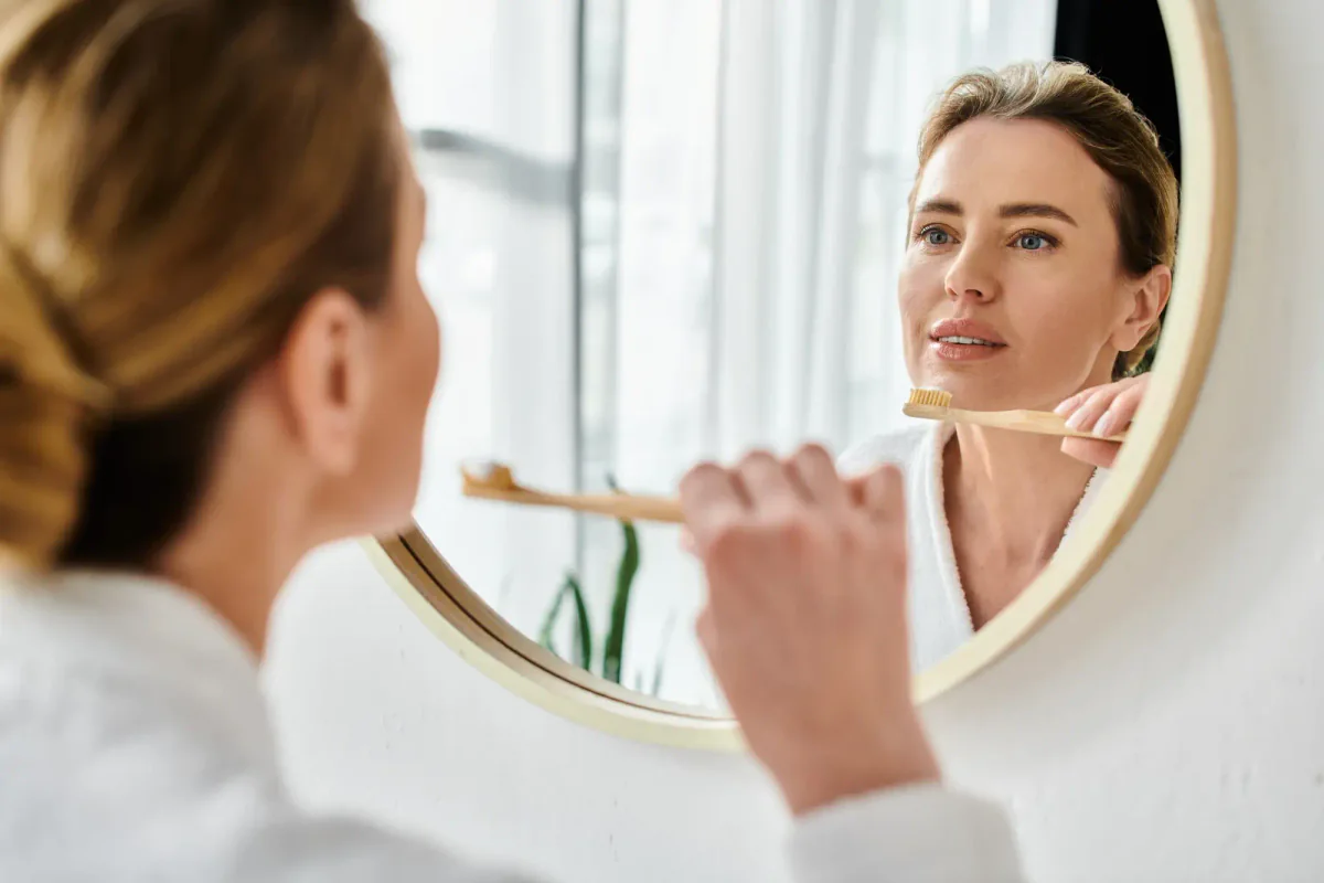 Woman brushing her teeth as part of her daily oral care routine