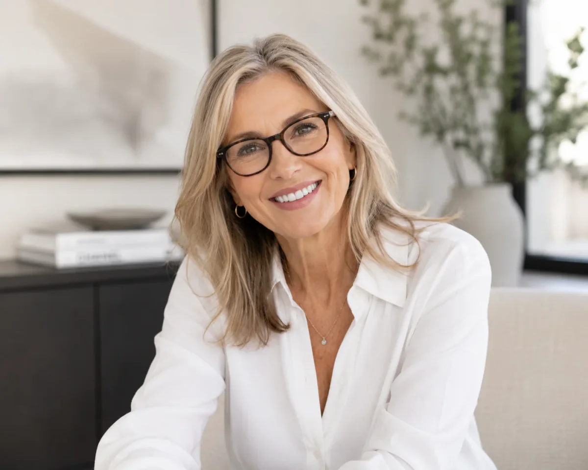 Smiling woman with glasses seated in a bright room